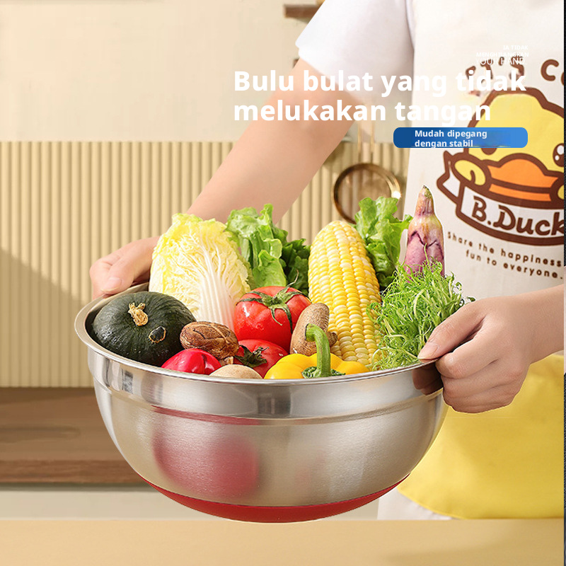 Keluli tahan karat isi rumah dengan penutup besen salad berwarna menebal dan mendalami besen makanan, sayur-sayuran, buah-buahan dan sayur-sayuran. Besen pemborongan besen pengisar telur bulat.