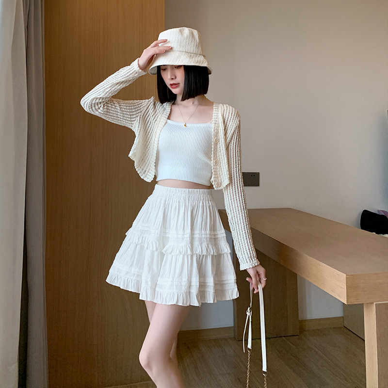 Skirt Kek Renda Wanita Skirt Pendek Putih Musim Panas Poliester Pinggang Tinggi Skirt Mini Garis A
