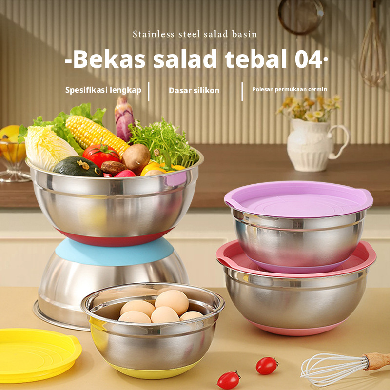 Keluli tahan karat isi rumah dengan penutup besen salad berwarna menebal dan mendalami besen makanan, sayur-sayuran, buah-buahan dan sayur-sayuran. Besen pemborongan besen pengisar telur bulat.