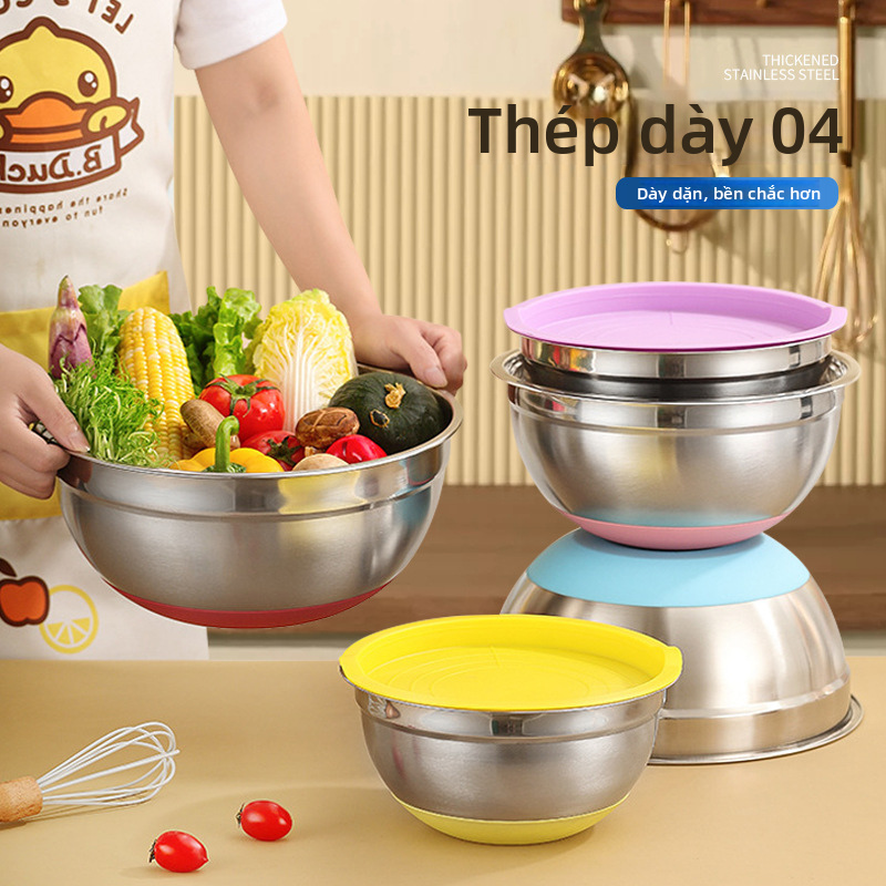 Gia đình thép không gỉ có nắp đậy màu salad chậu dày sâu thực phẩm rau quả chậu tròn trứng nấu ăn chậu bán sỉ