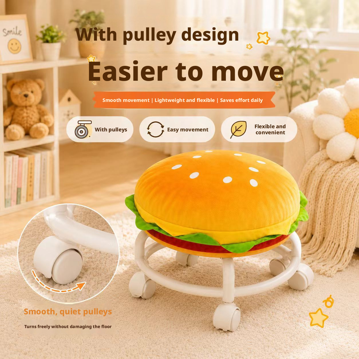 Universal Caster Rolling Low Stool Wear-resistant Pulley Swivel Stool Comfort Padded Mobile Bench for Home Garage Salon Daily Use