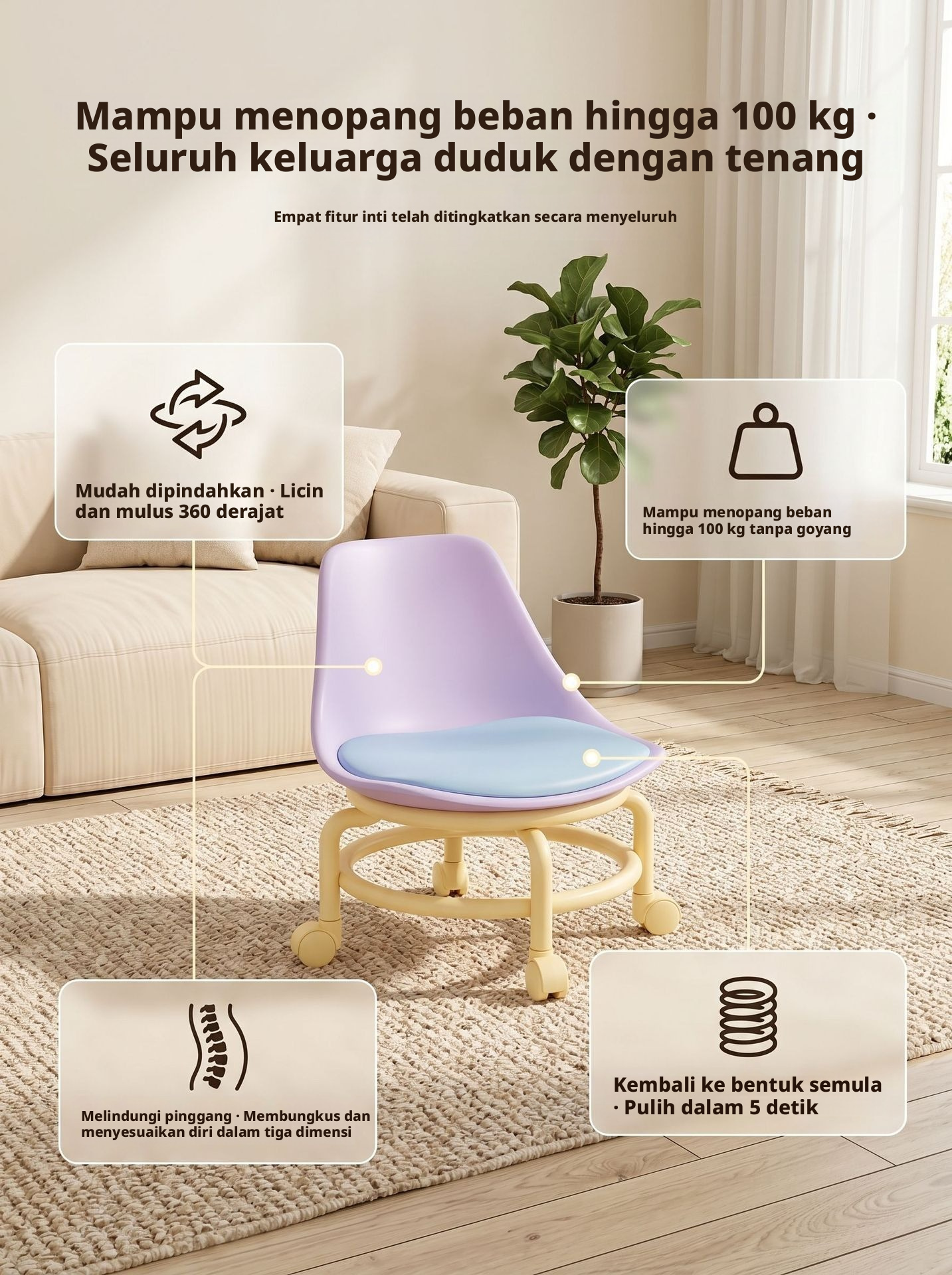 Universal Caster Rolling Low Stool Tahan aus Pulley Swivel Stool Kenyamanan Bangku Ponsel Empuk untuk Salon Garasi Rumah Penggunaan Sehari-hari