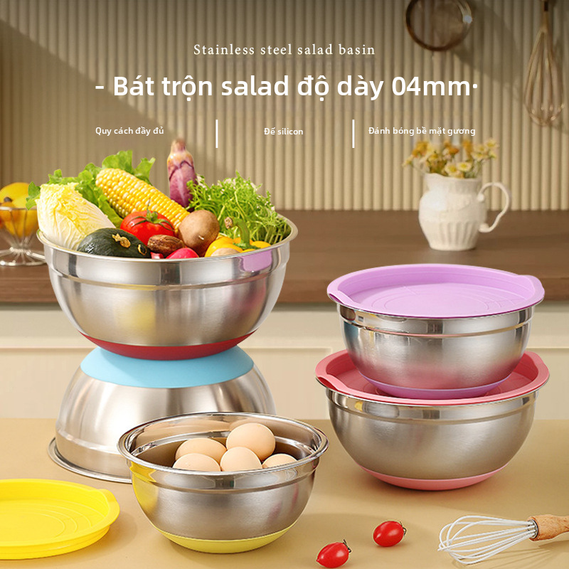 Gia đình thép không gỉ có nắp đậy màu salad chậu dày sâu thực phẩm rau quả chậu tròn trứng nấu ăn chậu bán sỉ