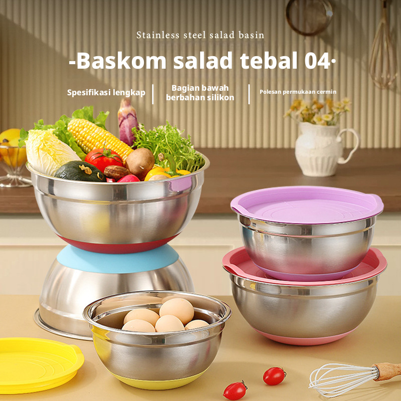 Mangkuk salad berwarna stainless steel rumah tangga dengan tutup, sayuran dan buah makanan yang dikentalkan dan diperdalam, grosir panci masak pemukul telur bulat