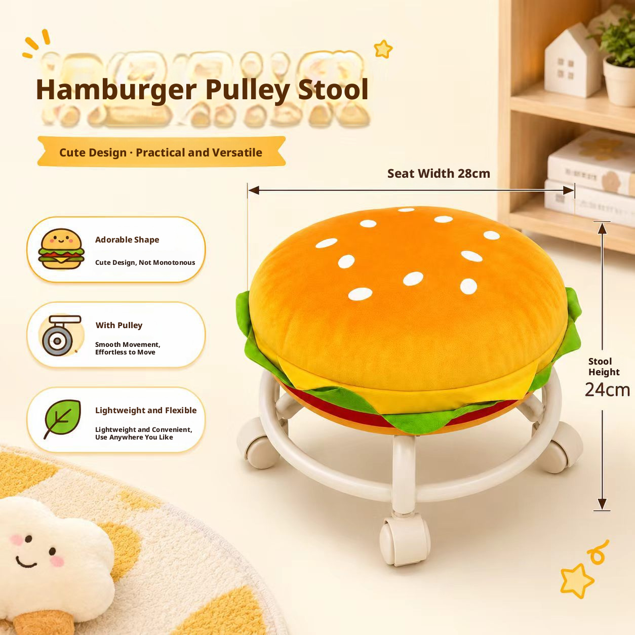 Universal Caster Rolling Low Stool Wear-resistant Pulley Swivel Stool Comfort Padded Mobile Bench for Home Garage Salon Daily Use
