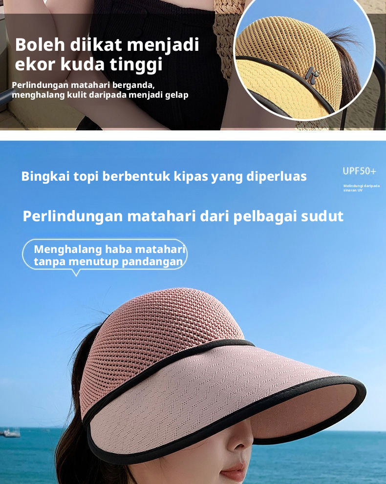 Topi Matahari Baldi Boleh Dilipat Wanita Perlindungan UV Topi Pantai Luaran Brim Lebar