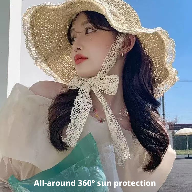 Women Bow Decor Lace Sun Hat Wide Brim UV Protection Summer Outdoor Hat