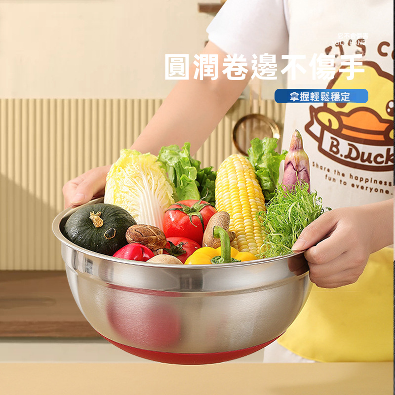 家用不鏽鋼帶蓋彩色沙拉盆加厚加深食物蔬果盆圓形打蛋料理盆批發