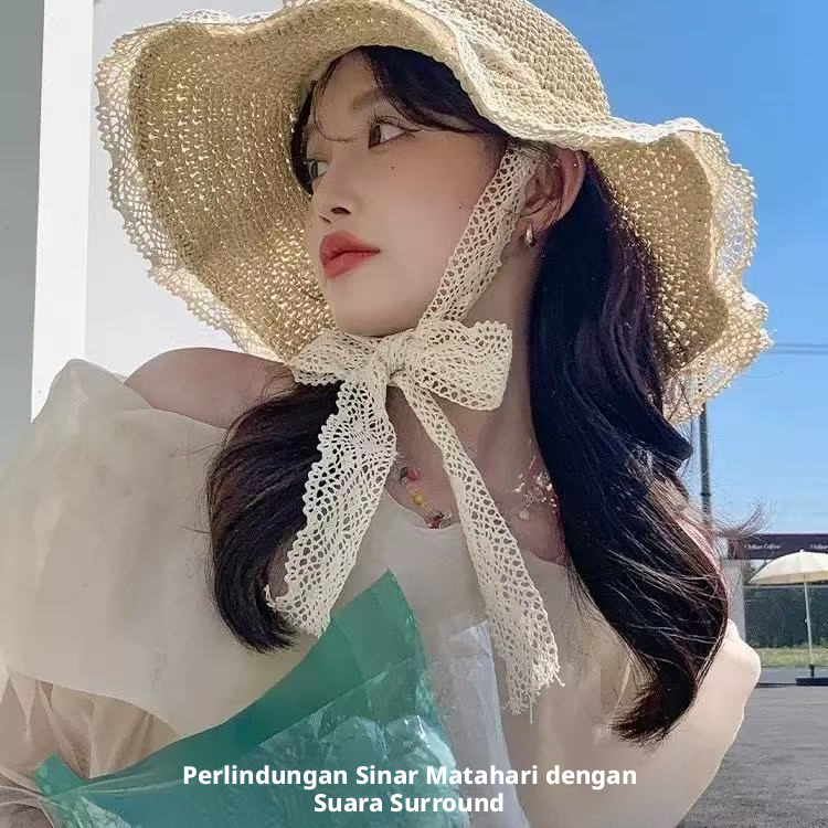Wanita Busur Dekorasi Renda Sun Hat Brim Lebar Perlindungan UV Musim Panas Topi Luar Ruangan