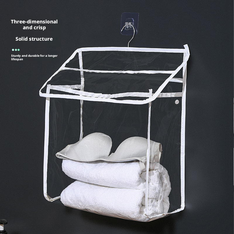 Transparent waterproof wall-mounted storage bag, no punching, bathroom bath clothes towel storage bag