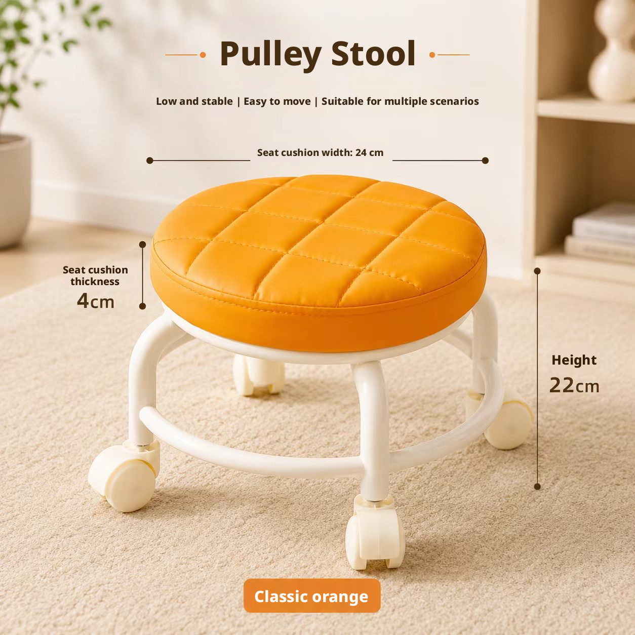 Universal Caster Rolling Low Stool Wear-resistant Pulley Swivel Stool Comfort Padded Mobile Bench for Home Garage Salon Daily Use