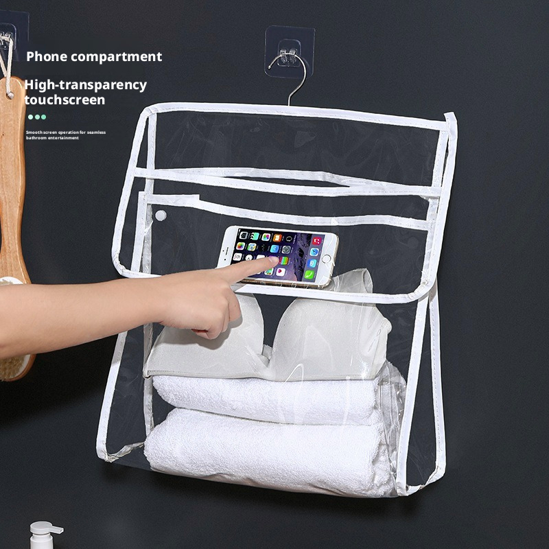 Transparent waterproof wall-mounted storage bag, no punching, bathroom bath clothes towel storage bag
