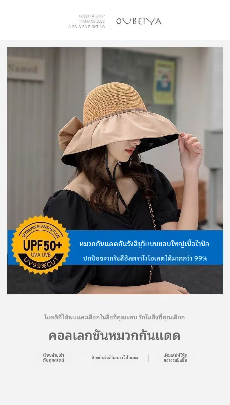 หมวกบังแดดปีกกว้างสำหรับผู้หญิง ป้องกันรังสียูวี กีฬากลางแจ้ง หมวกชายหาด