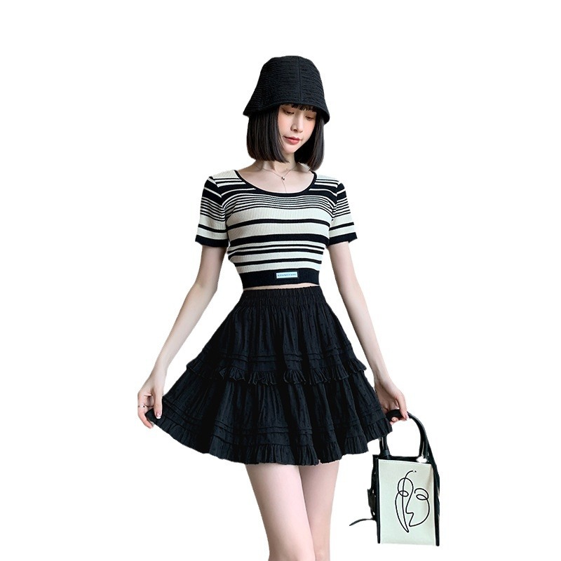 Skirt Kek Renda Wanita Skirt Pendek Putih Musim Panas Poliester Pinggang Tinggi Skirt Mini Garis A