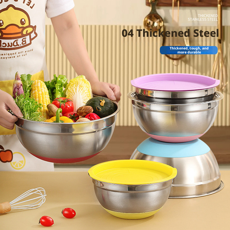 Mangkuk salad berwarna keluli tahan karat isi rumah dengan penutup, periuk sayur dan buah makanan menebal dan mendalam, borong periuk masak pukul telur bulat