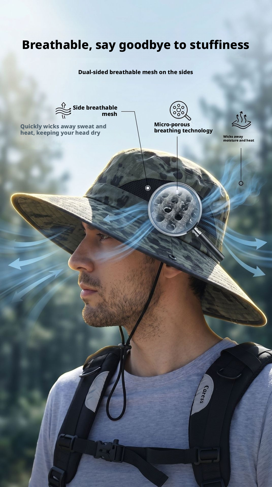 Men Super Wide Brim Sun Hat UPF50+ UV Protection Breathable Outdoor Fishing Hat