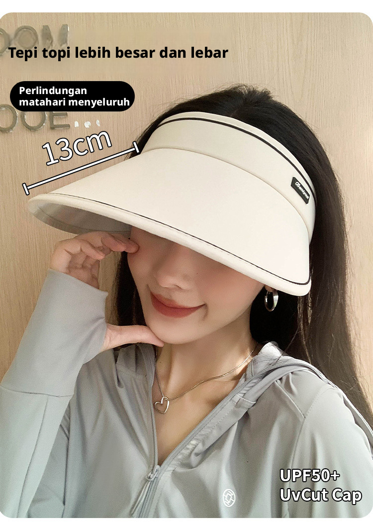Topi Visor Matahari Atasan Kosong Wanita, Perlindungan UV Penuh Lebar Topi Olahraga Pantai Luar Ruangan Lipat Musim Panas untuk Wanita