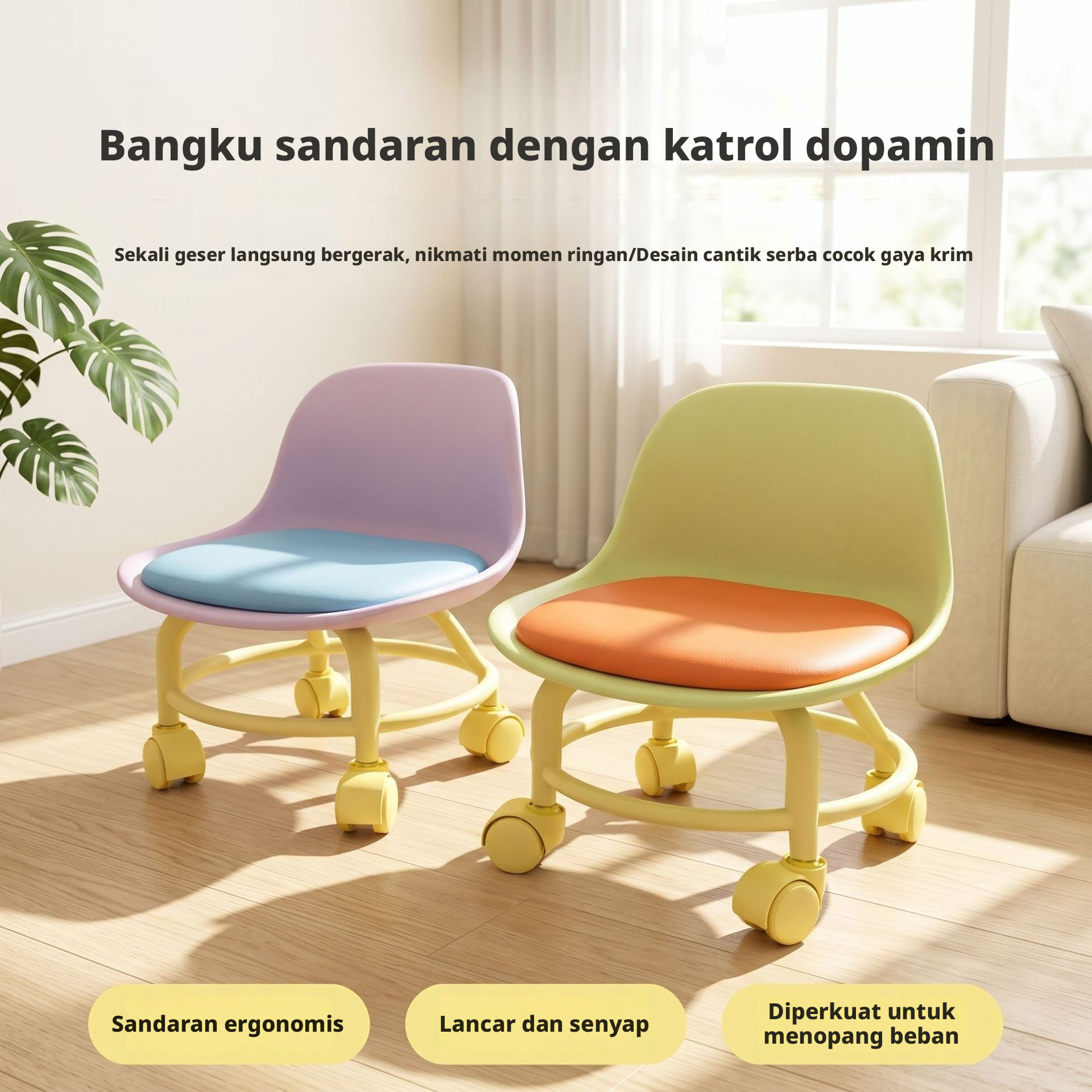 Universal Caster Rolling Low Stool Tahan aus Pulley Swivel Stool Kenyamanan Bangku Ponsel Empuk untuk Salon Garasi Rumah Penggunaan Sehari-hari