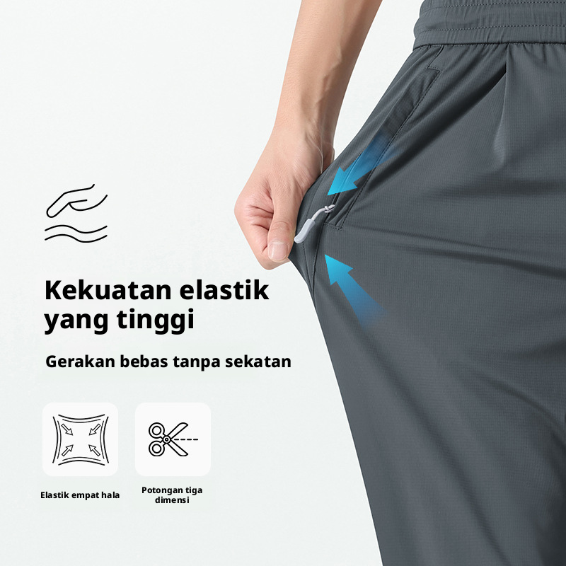 Seluar Kasual Kaki Lurus Sutera Ais Lelaki, Seluar Ringan Musim Panas Bernafas Cepat Kering untuk Berlari