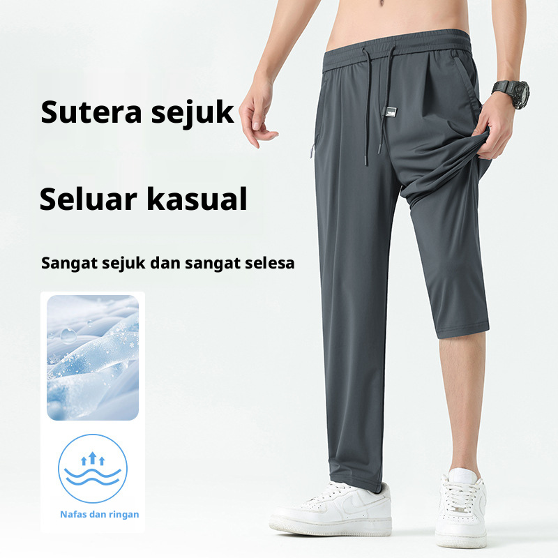 Seluar Kasual Kaki Lurus Sutera Ais Lelaki, Seluar Ringan Musim Panas Bernafas Cepat Kering untuk Berlari