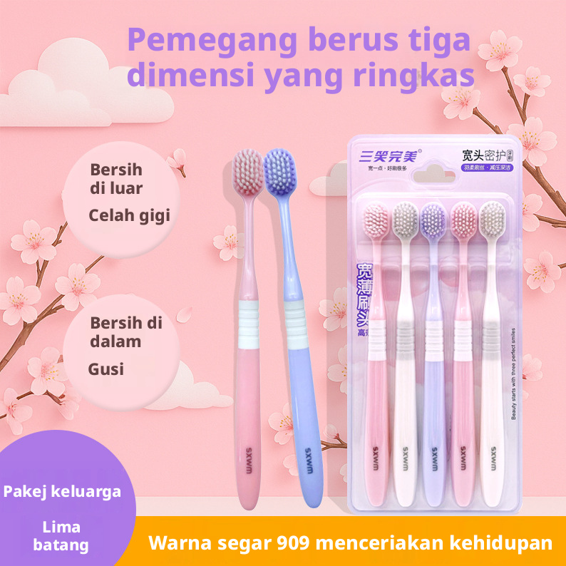 Berus Gigi Bulu Lembut Dewasa 5-Pek, Berus Gigi Manual Kepala Langsing untuk Pasangan Rumah