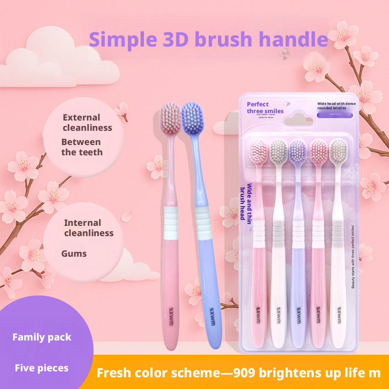 Adult soft-bristled toothbrush 5-piece pack, slim-fitting head manual toothbrush, suitable for family couples