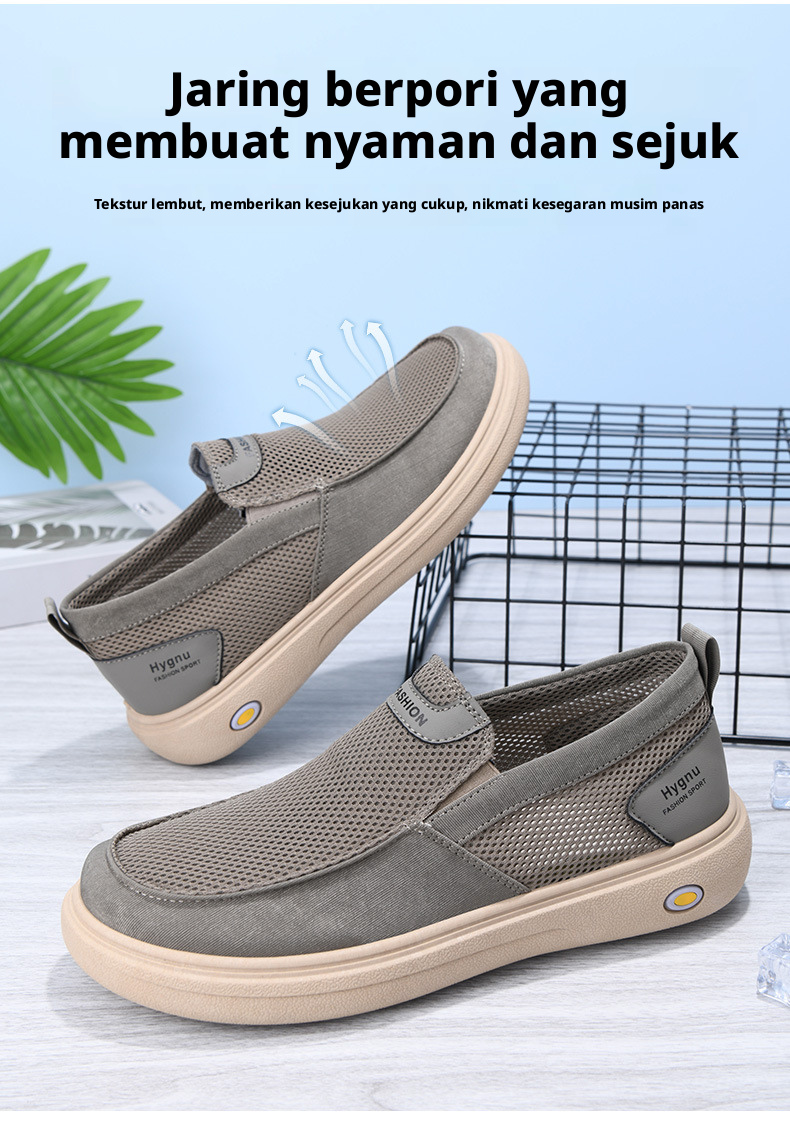 Sepatu Kasual Mesh Bernapas Pria, Sepatu Berjalan Slip-on Ringan untuk Musim Panas