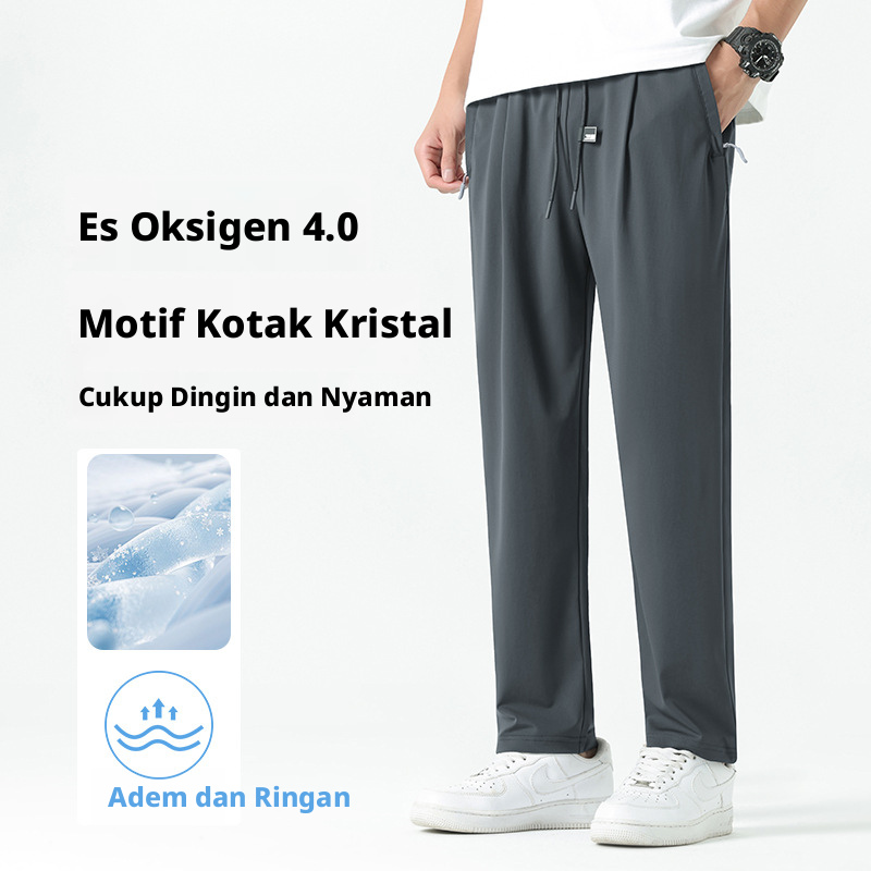 Celana Kasual Kaki Lurus Sutra Es Pria, Celana Ringan Musim Panas Bernapas Cepat Kering untuk Berlari