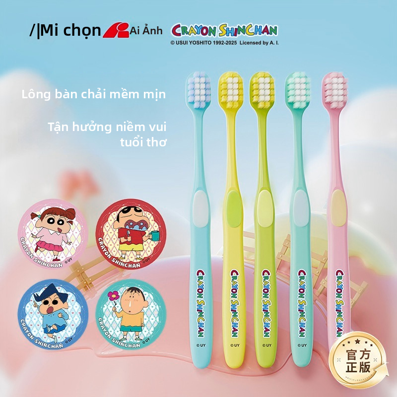 RAOYI Bút chì màu Shin-chan Bàn chải đánh răng mềm dành cho người lớn được cấp phép 2 gói có ghim huy hiệu