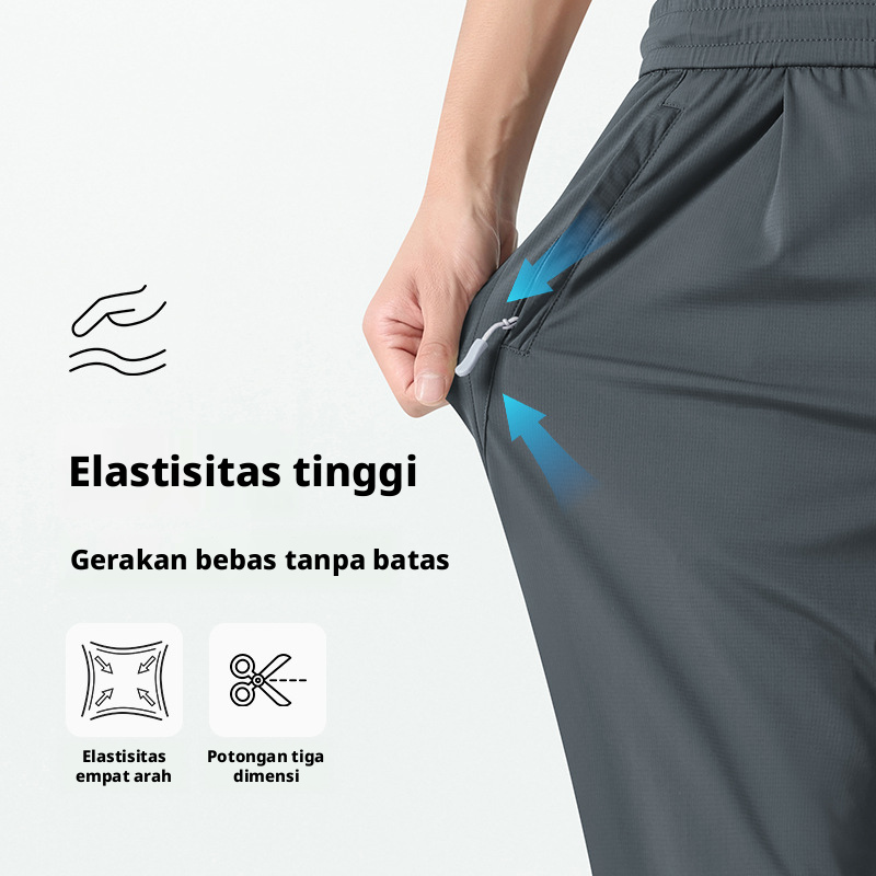 Celana Kasual Kaki Lurus Sutra Es Pria, Celana Ringan Musim Panas Bernapas Cepat Kering untuk Berlari