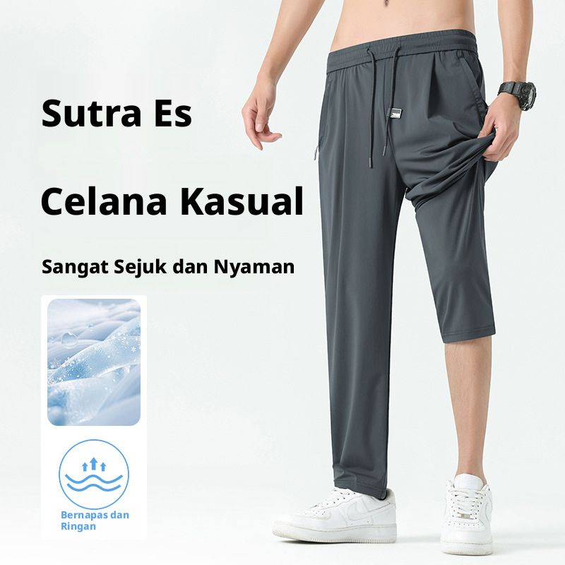 Celana Kasual Kaki Lurus Sutra Es Pria, Celana Ringan Musim Panas Bernapas Cepat Kering untuk Berlari