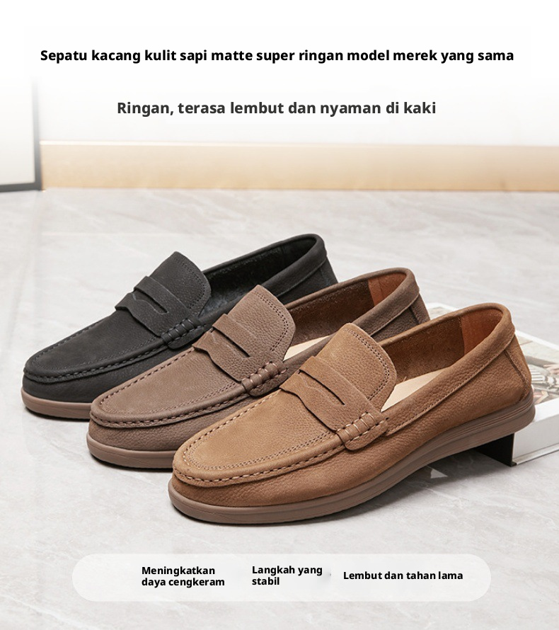 Sepatu Slip-On Kulit Kasual Pria Bernapas Sepatu Nyaman