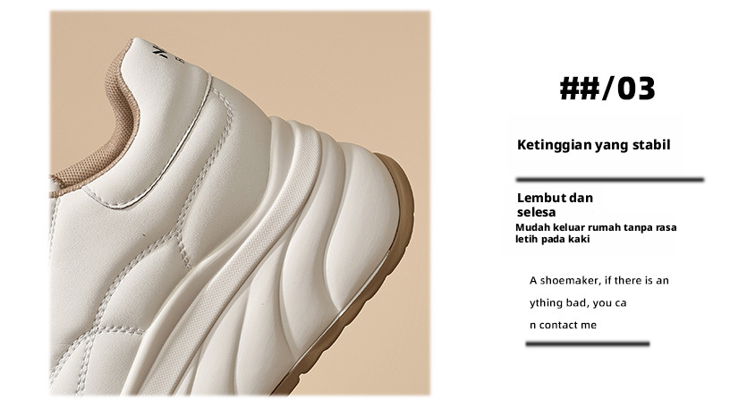 Sneakers Kasut Platform Kulit Lembut Wanita, Kasut Casual dengan Jari Bulat Bawah dan Tapak Tebal