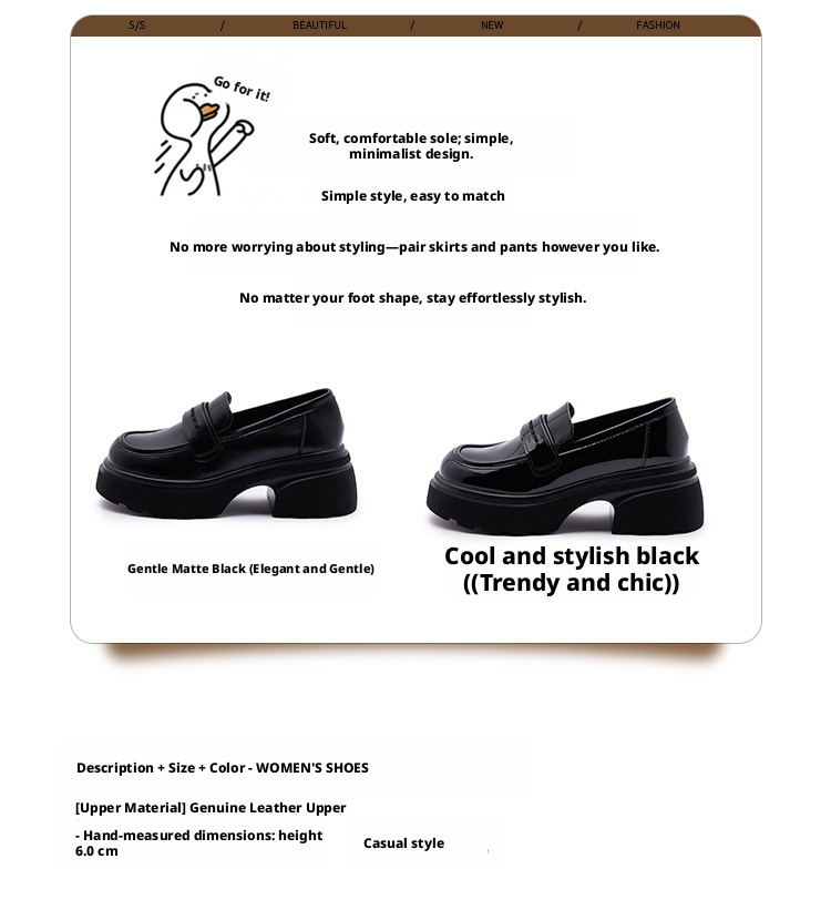Women's Genuine Leather Platform Loafers, Black Slip-On Low Top Shoes for Daily Wear