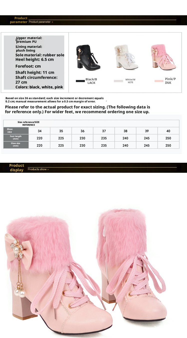 Women's Winter Faux Fur Ankle Boots with Bow, Chunky Heel Round Toe PU Booties