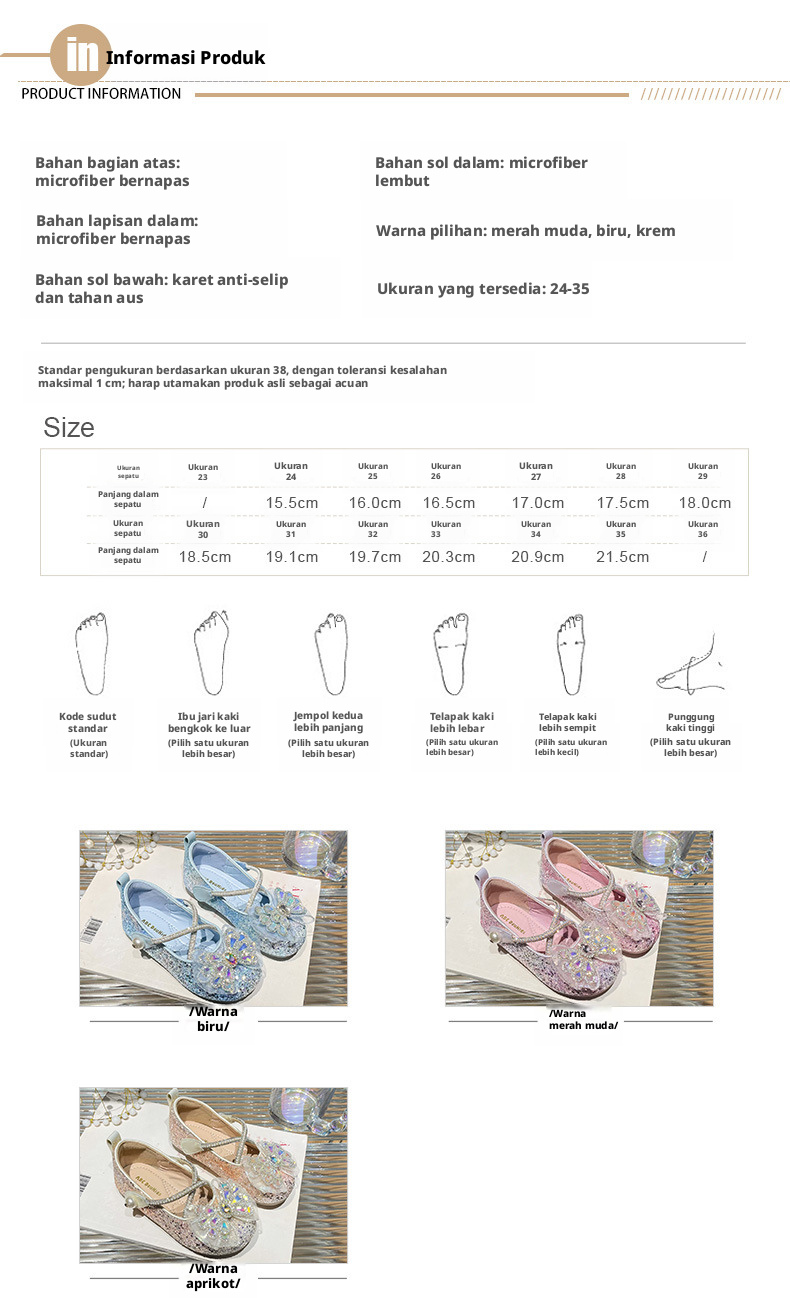 Sepatu Putri untuk Anak Perempuan dengan Pita Kristal, Sol Lembut Anti Selip Tipe Hook-and-Loop untuk Anak-anak
