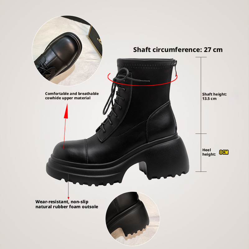 Women's Leather Ankle Boots, Round Toe Chunky Heel Lace-Up Martin Boots for Fall Winter