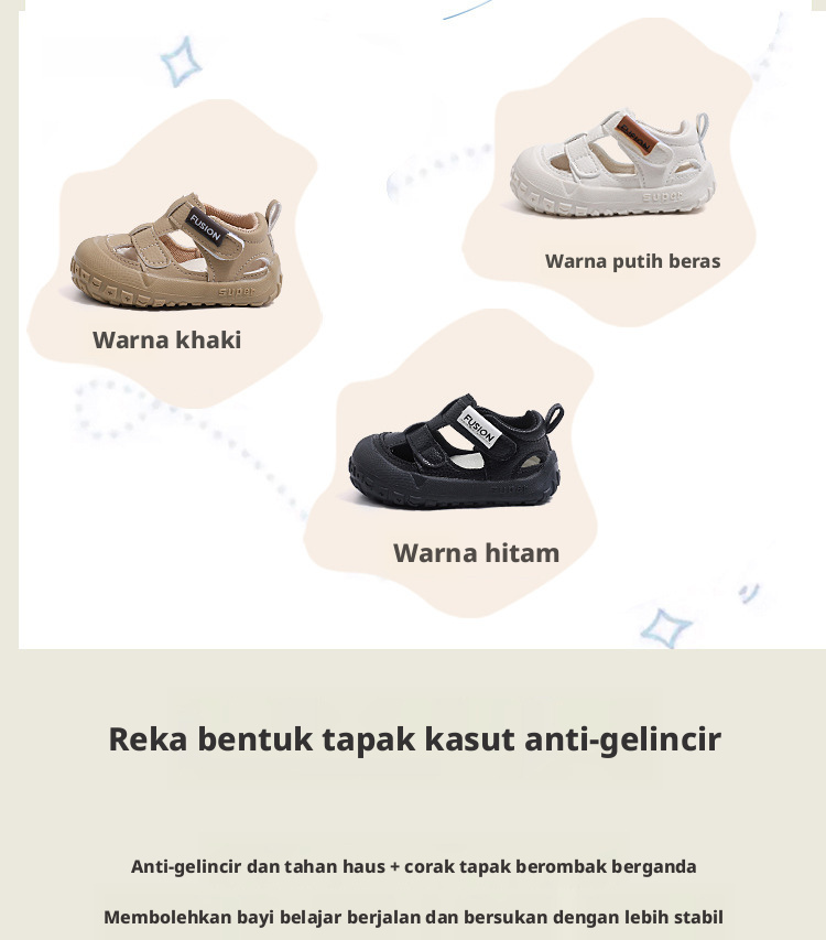 Selipar kanak-kanak berhujung tertutup yang boleh bernafas, dengan tapak lembut anti-slip serta penutup jenis hook dan loop, untuk kanak-kanak lelaki dan perempuan musim panas.
