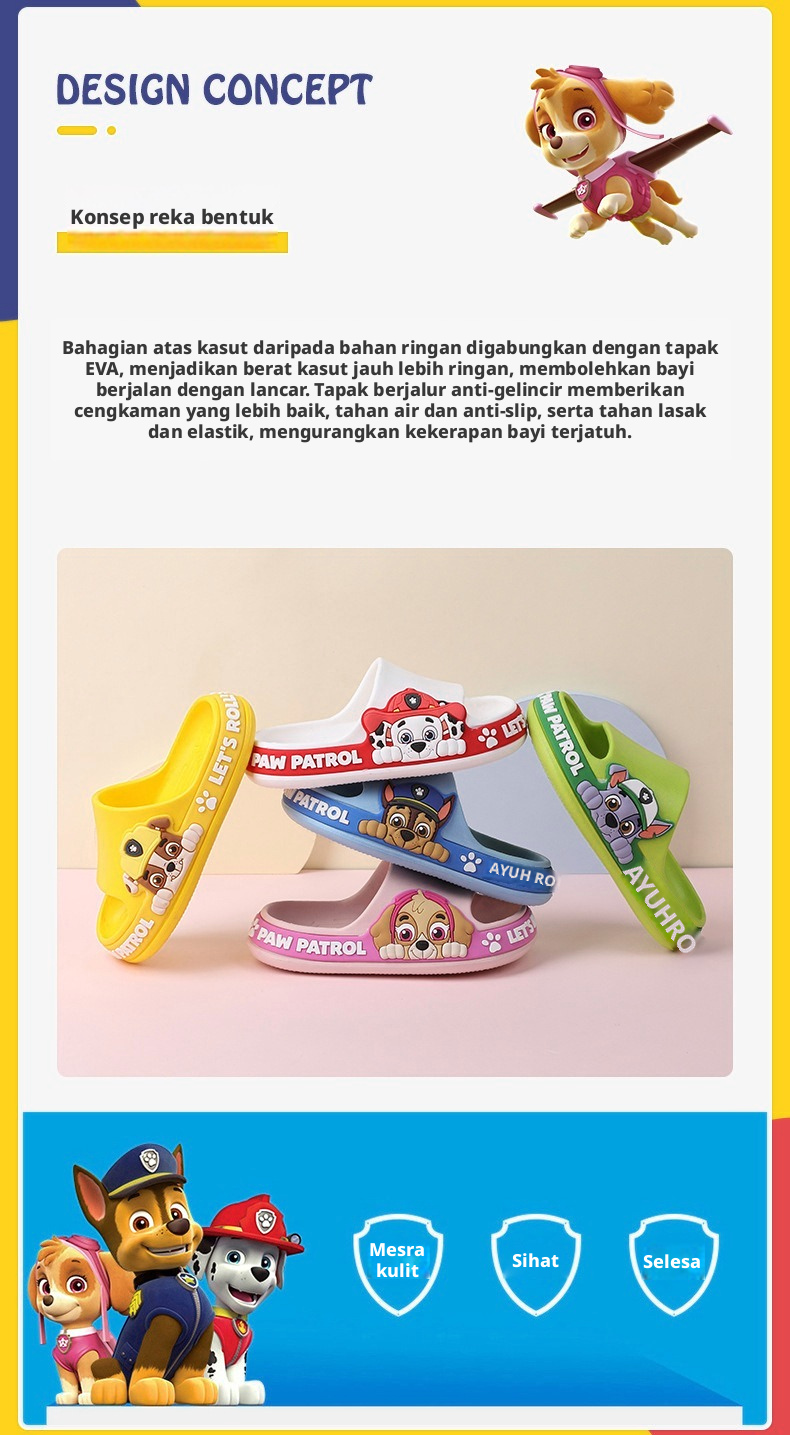 PAW Patrol Kids Selipar Musim Panas Untuk Lelaki dan Perempuan, EVA, Tidak Licin, Untuk Penggunaan Dalam Bilik Mandi
