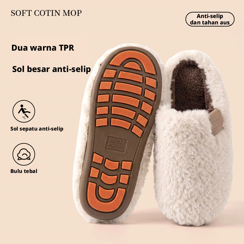 Sepatu Selop Bulu Buatan untuk Pria dan Wanita, Sepatu Rumah Dalam Ruangan yang Hangat, Berlapis Bulu Halus, dan Tidak Licin