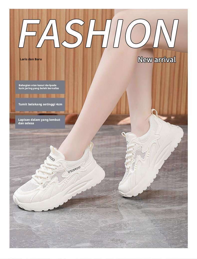 Sneakers Mesh Bahan Bernafas Wanita, Kasut Lari dengan Tapak Tebal dan Lembut, Kasut Casual yang Meningkatkan Ketinggian