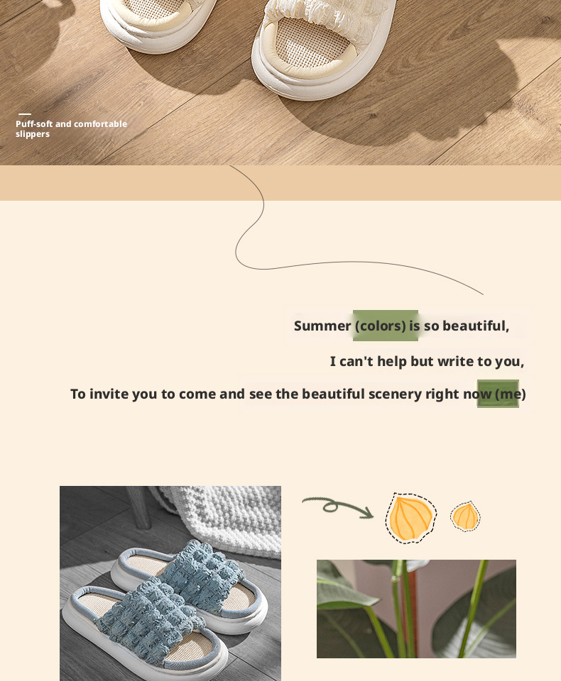 EVA Thick Sole Linen Slippers for Women, Breathable Anti-Slip Open Toe Indoor Home Slippers for Spring Autumn