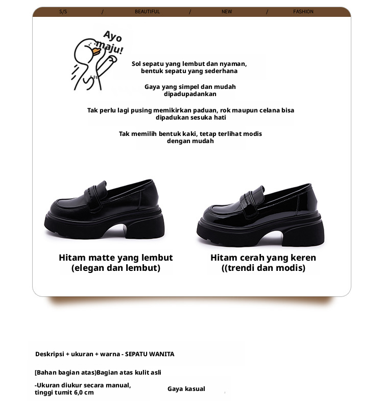 Sepatu Loafers Kulit Asli Wanita, Sepatu Tinggi Tanpa Memakai Karet Hitam untuk Penggunaan Harian