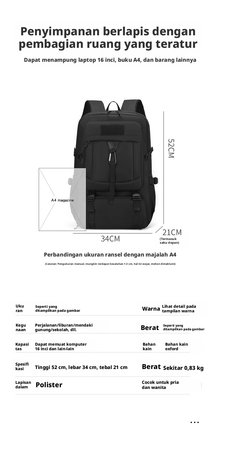 Ransel Pendakian Kain Oxford 20-35L, Ransel Taktis yang Bernapas untuk Trekking Luar Ruangan dan Perjalanan.