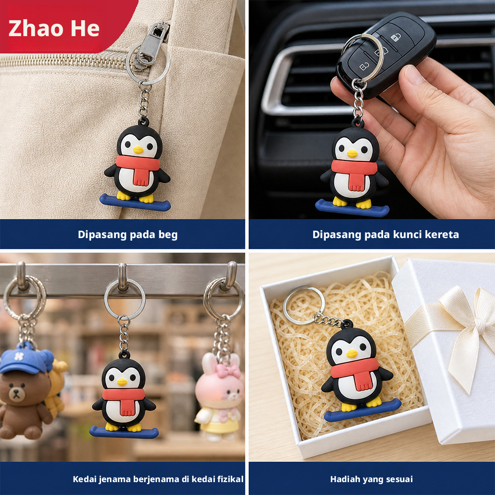 Gantungan kunci penguin skater kartun comel, hiasan beg berbahan getah lembut PVC untuk beg galas.