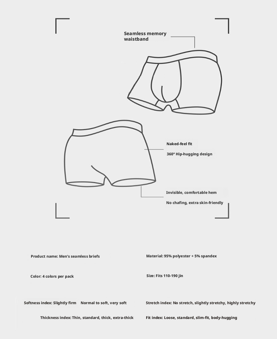 Men's Seamless Boxer Briefs, High Elastic Mid Rise Breathable Sports Underwear, 4 Pack Boxed