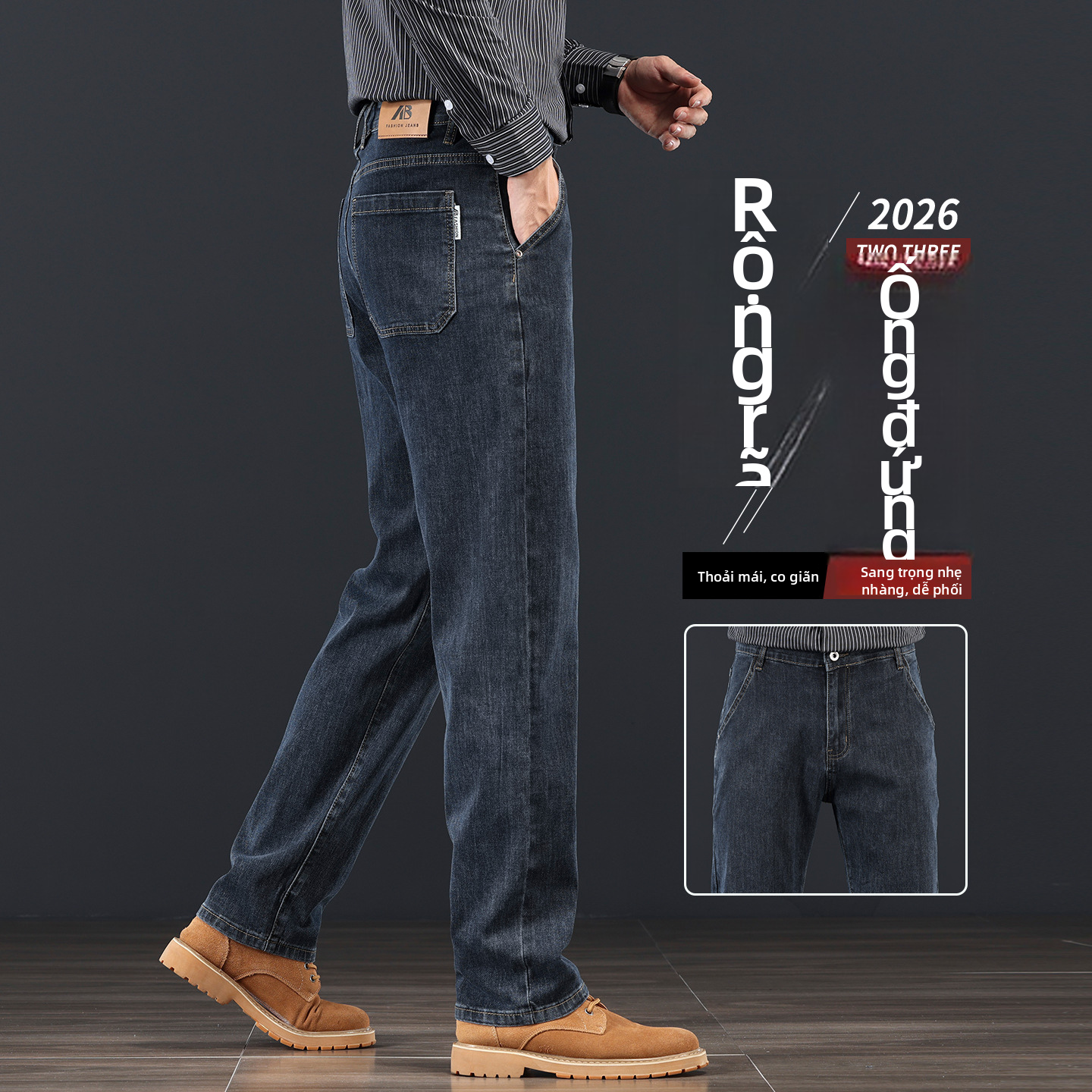 Quần jean ống rộng Xanh da trời chân thẳng của nam giới, quần denim bông cạp cao cho mùa đông kinh doanh giản dị