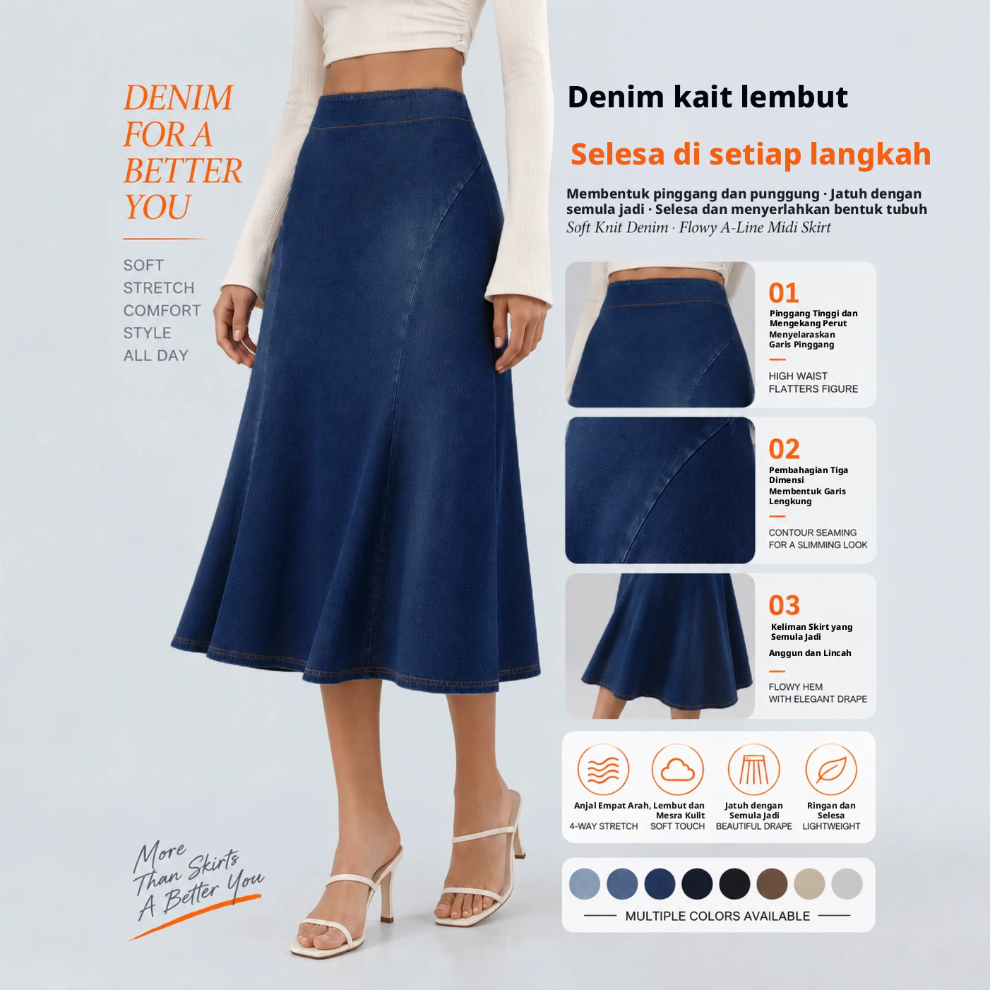 Skirt Midi A-Line Jeans Stretch Lembut untuk Wanita, Skirt Kasual Pinggang Tinggi untuk Perjalanan dan Pemakaian Harian