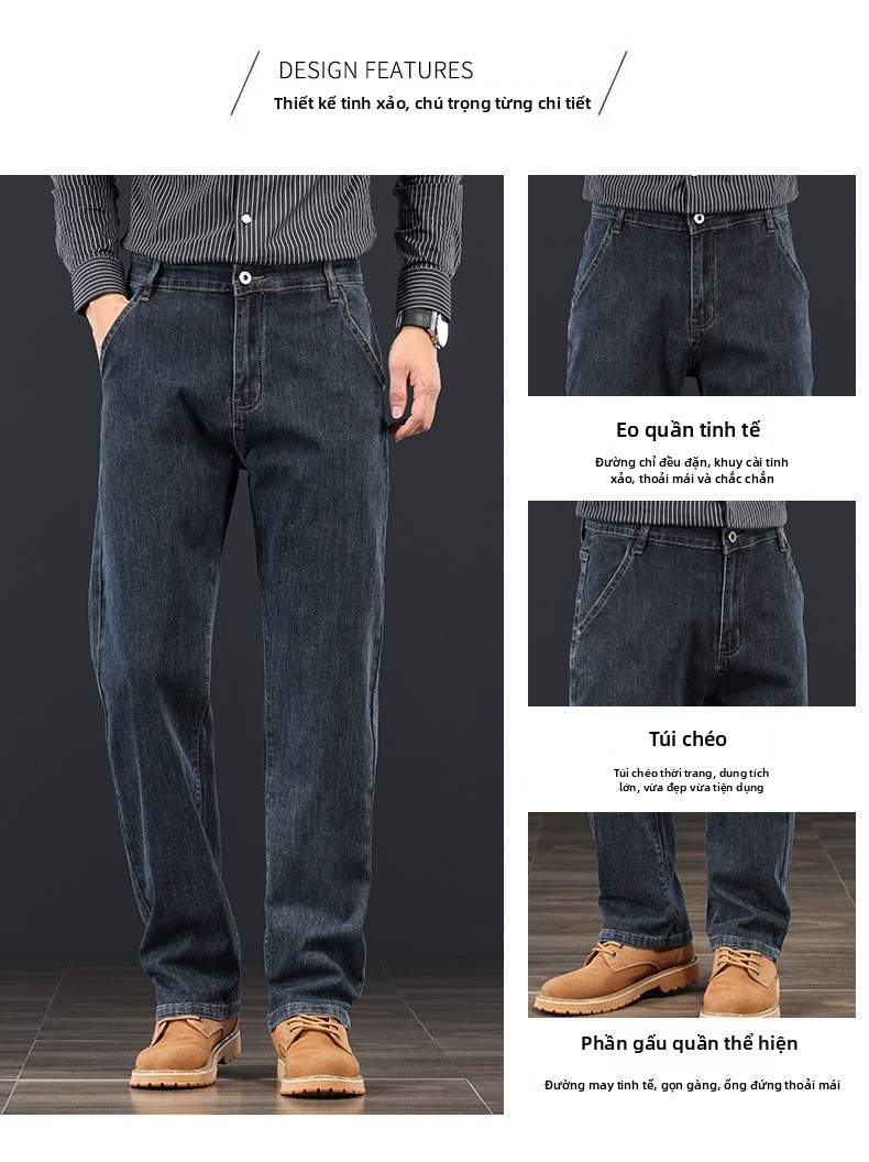 Quần jean ống rộng Xanh da trời chân thẳng của nam giới, quần denim bông cạp cao cho mùa đông kinh doanh giản dị