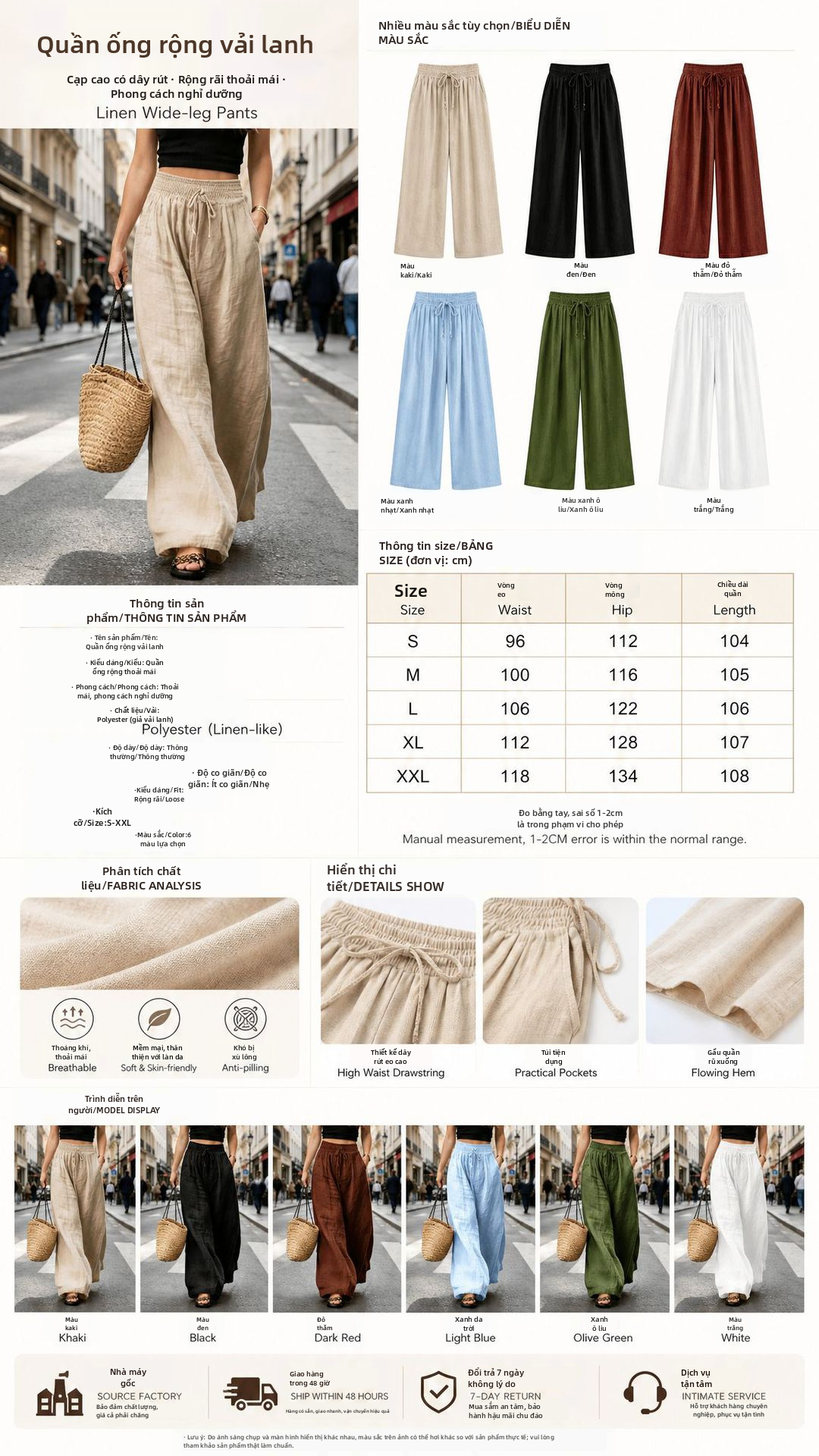 Quần dài mùa hè cho phụ nữ, eo cao, ống quần rộng, kiểu thời trang thoải mái, làm từ vải polyester thẳng và rộng.
